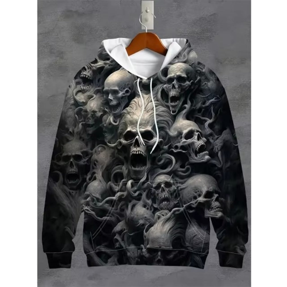 Vintage Men's Sweatshirt 3D Digital Print Skull Design Casual Hoodie