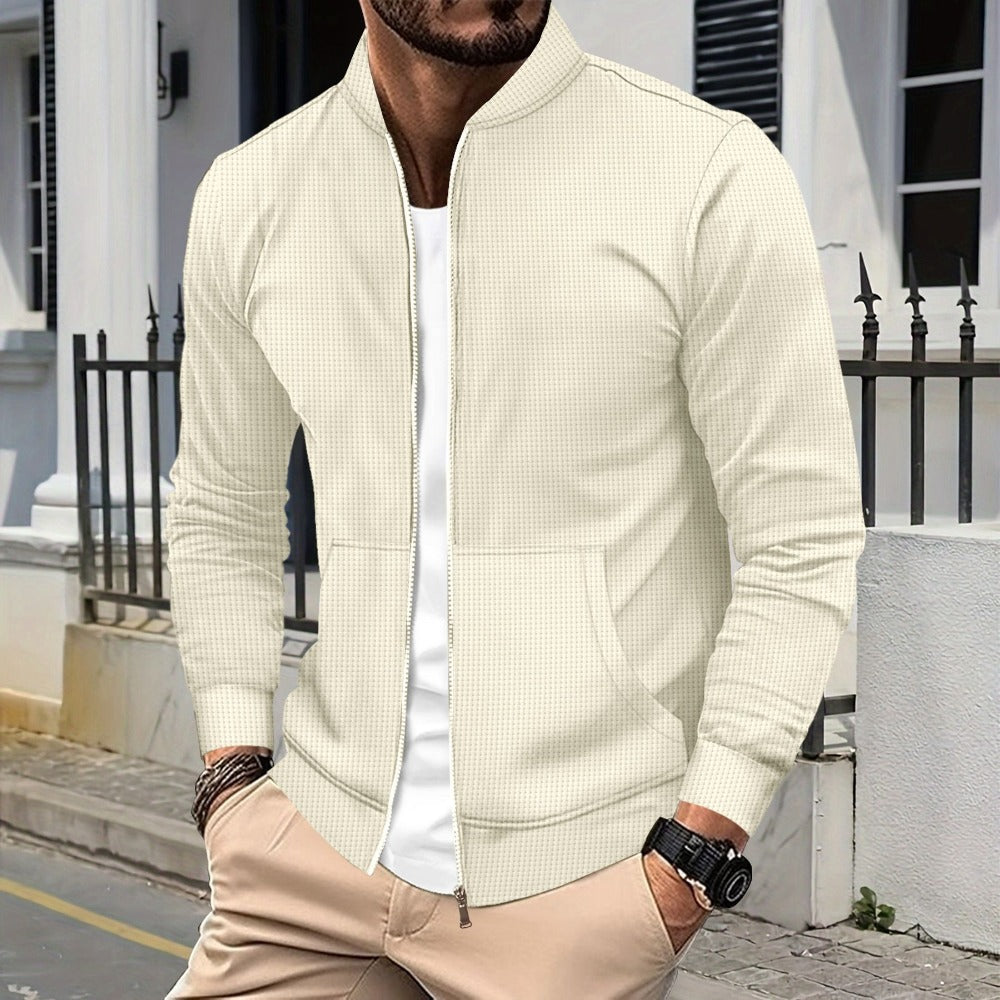 New Men's Waffle Knit Solid Color Zip-Up Baseball Jacket with Pockets
