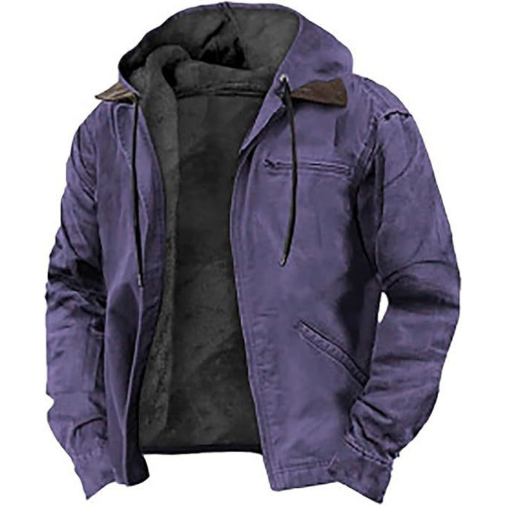 Solid Color Hooded Fleece-Lined Zip-Up Casual Jacket with Pockets