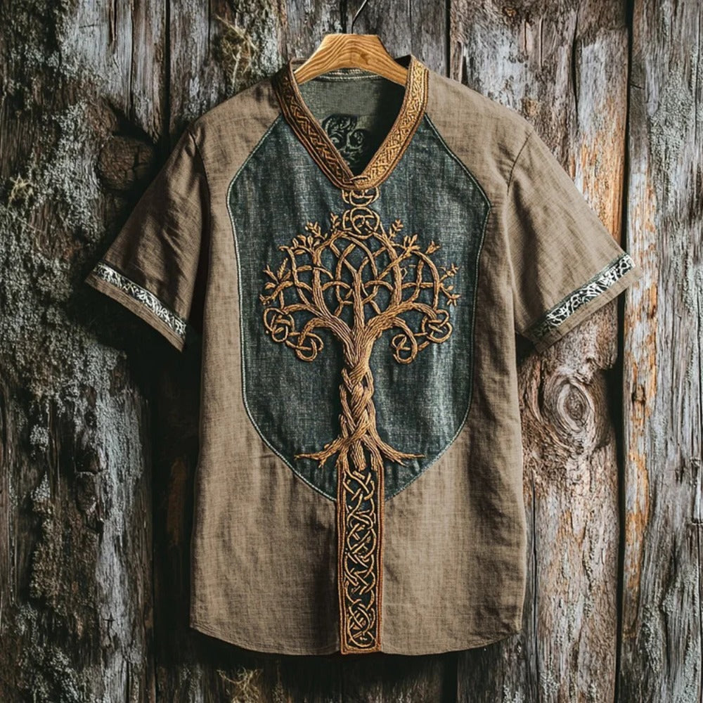 Summer Men's Linen Loose Fit Round-Neck Ethnic 3D Digital Print T-Shirt