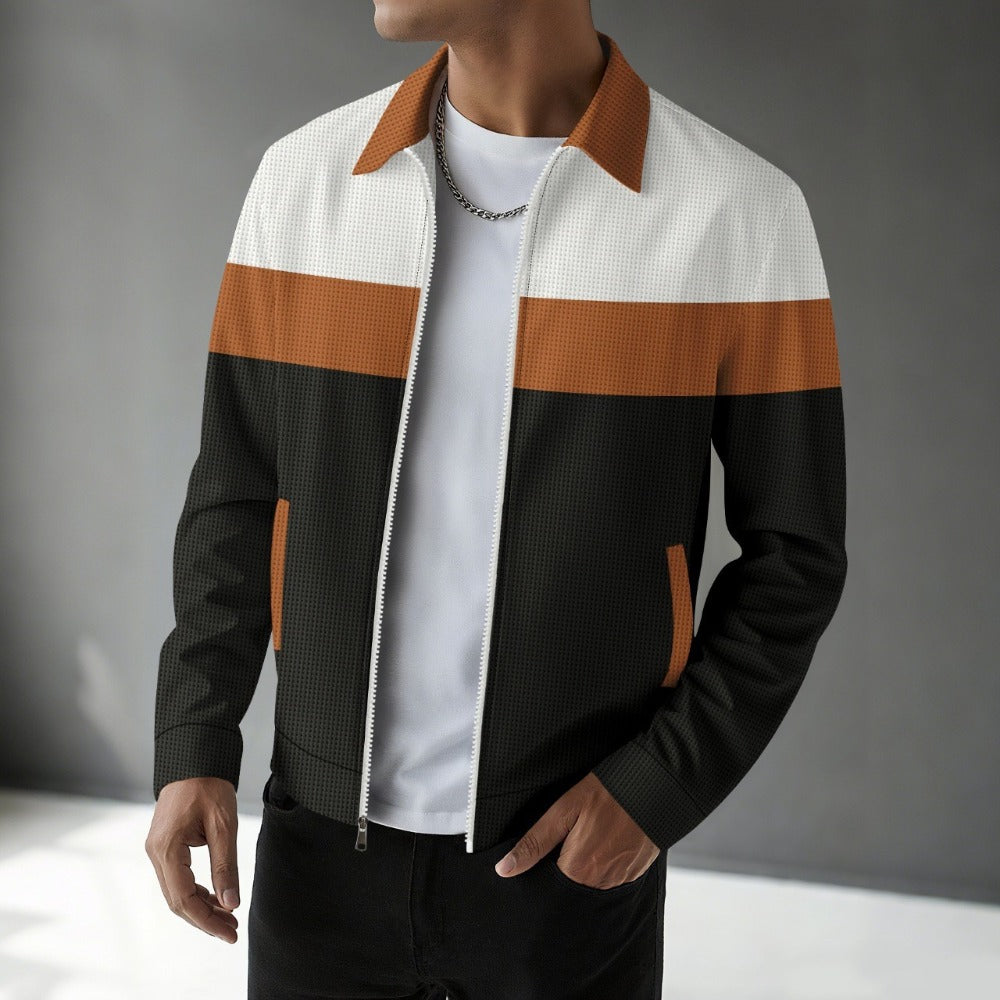 Men’s Autumn Colorblock Waffle Jacket Zip Pocket Turn-Down Collar Cardigan Slim Fit Jacket