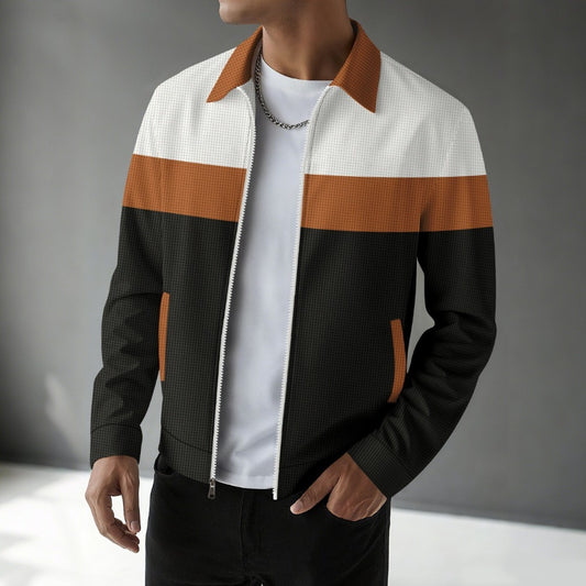 Men’s Autumn Colorblock Waffle Jacket Zip Pocket Turn-Down Collar Cardigan Slim Fit Jacket