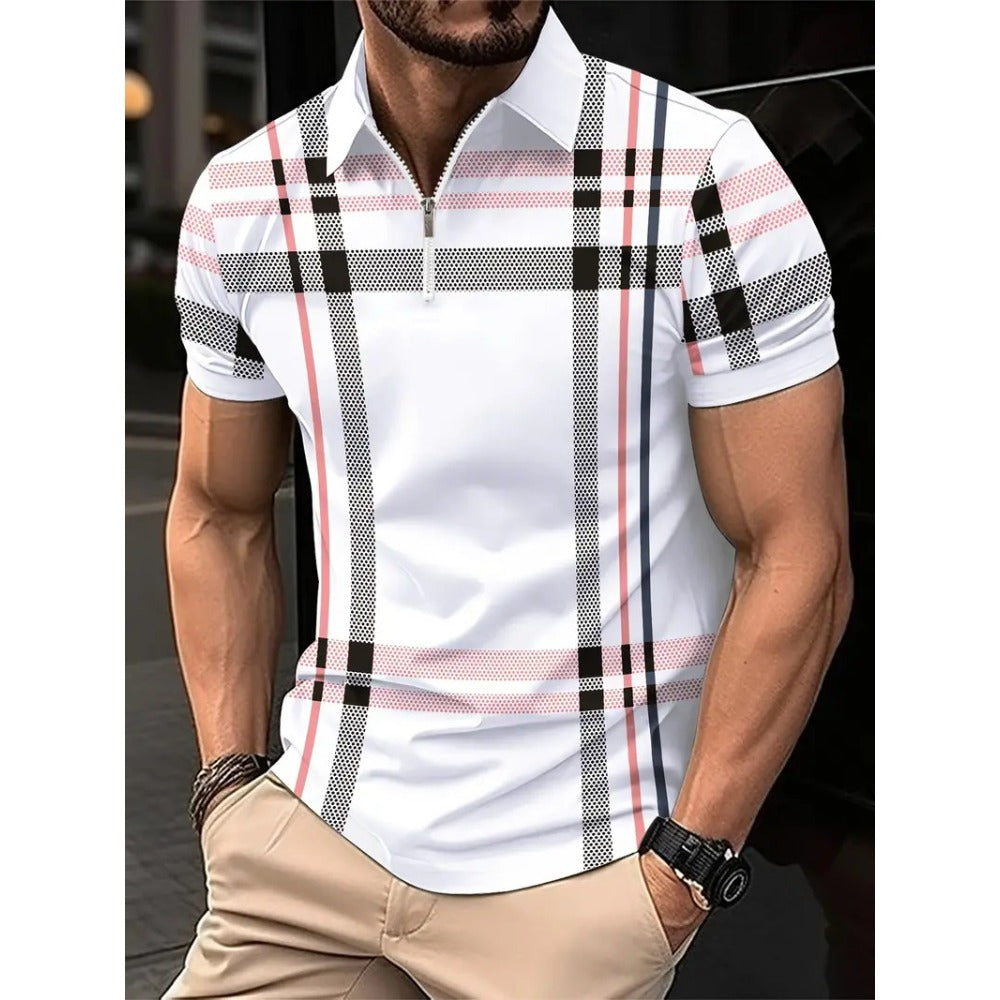 Summer Plaid Print Short Sleeve Top Men's Casual Turn-Down Collar Polo Shirt