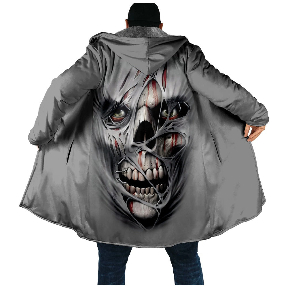 Skull Hooded Cape Button-Up 3D Print Fleece-Lined Trench Coat