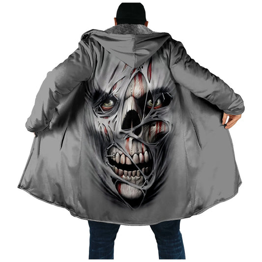 Skull Hooded Cape Button-Up 3D Print Fleece-Lined Trench Coat