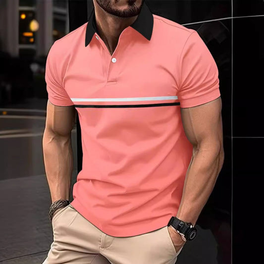 Print Color-Block Cotton Blend Color-Block Casual Men's Turn-Down Collar Short Sleeve Button Polo Shirt Custom