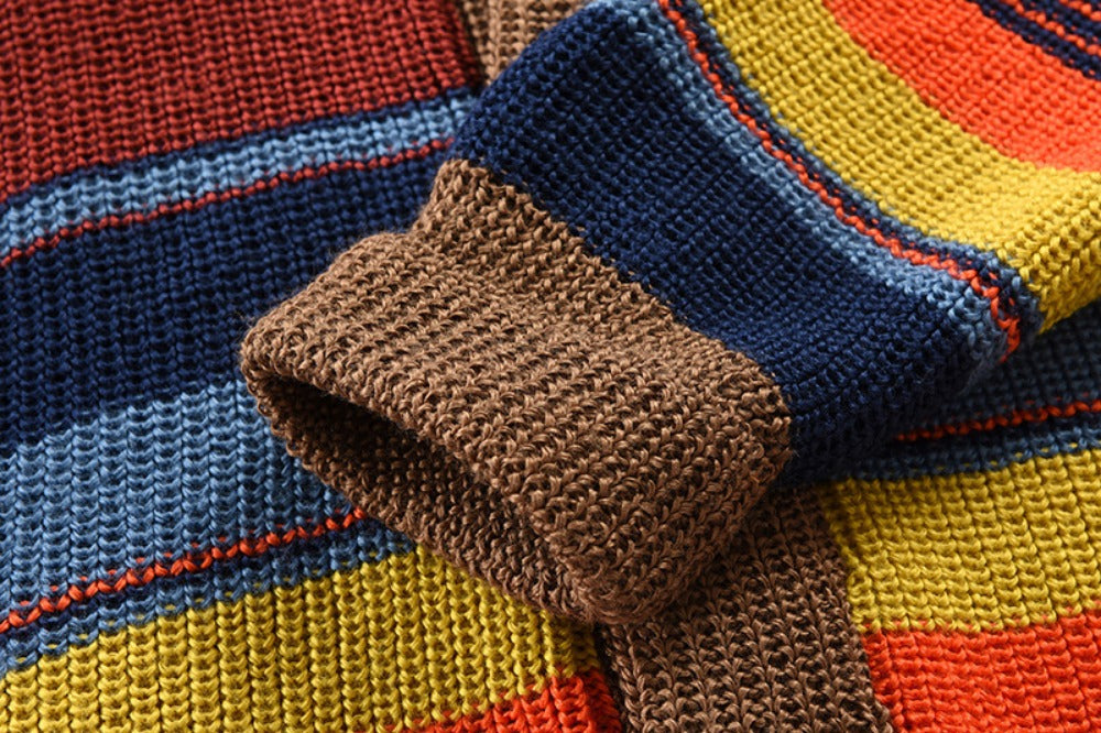 Men’s Knitted Cardigan with Lapel Contrast Color Thickened Winter Sweater