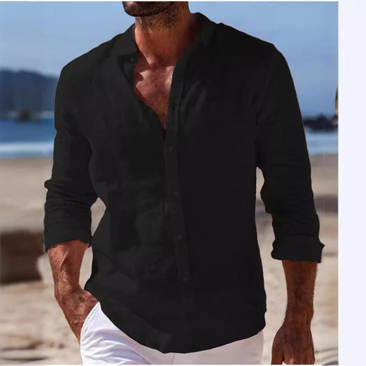 Men's Button-Up Shirt Daily Wear Long Sleeve Plain Flip Collar Spring/Summer Casual Linen Shirt