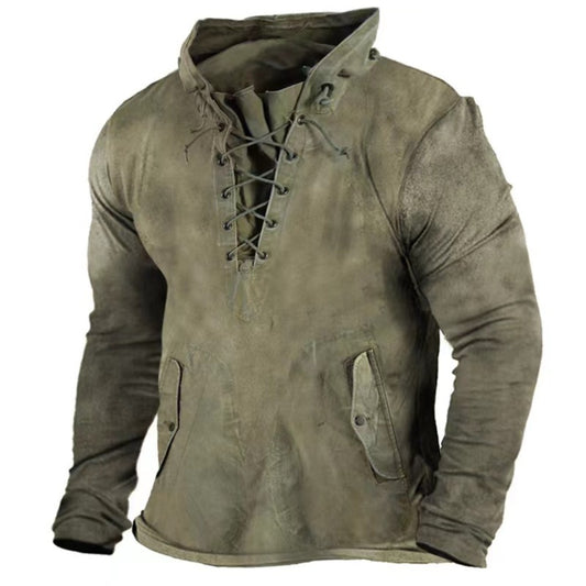 Men's Retro Tie-Front Hooded T-Shirt Loose Solid Color Outdoor Casual Top