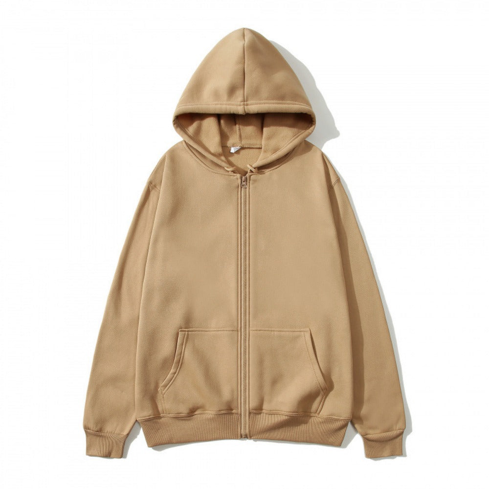 Unisex Zip-Up Hoodie Open-Front Solid Color Sportswear Top