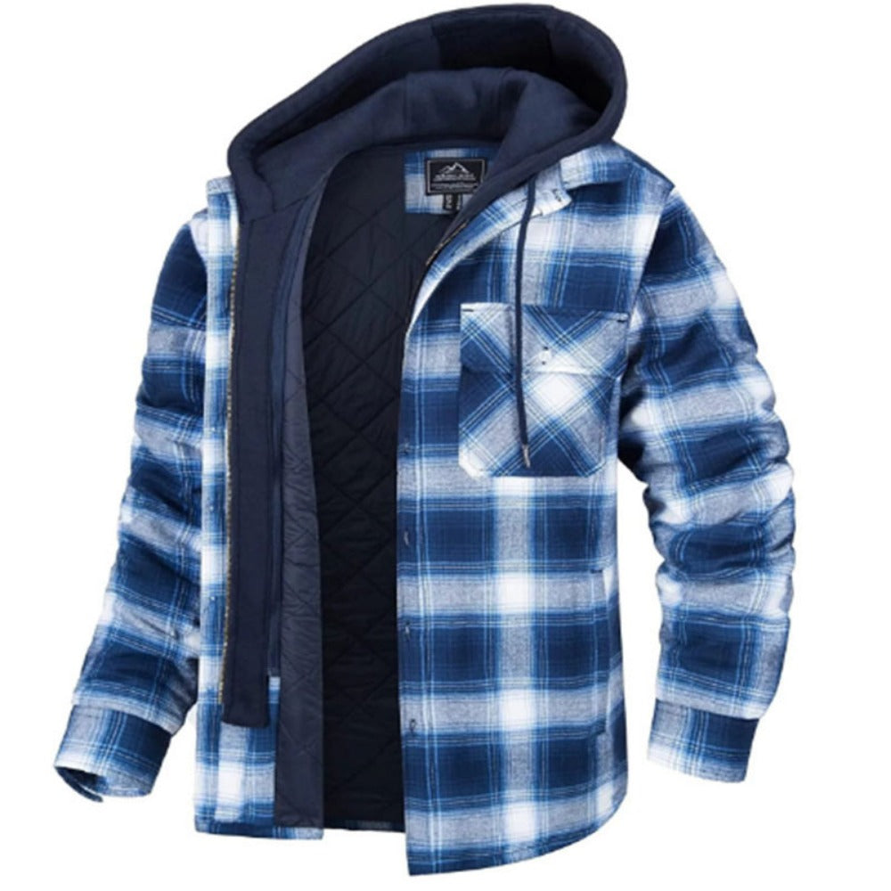 Men's Thick Plaid Long-Sleeve Hooded Padded Jacket