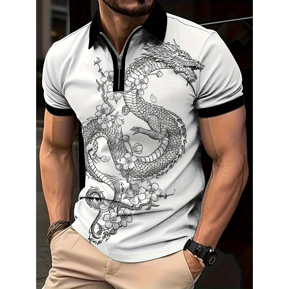 Men's Summer Hot Seller Dragon Pattern 3D Print Gradient Casual Business Zipper Short Sleeve Golf Polo Shirt