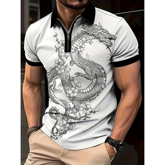 Men's Summer Hot Seller Dragon Pattern 3D Print Gradient Casual Business Zipper Short Sleeve Golf Polo Shirt