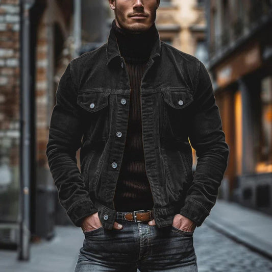 New Men's Corduroy Long-Sleeve Striped Lapel Jacket with Pockets