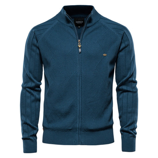 2025 Fall & Spring Men’s Cardigan Sweater - Solid Color Ribbed Collar Knit Pullover, Casual High Neck
