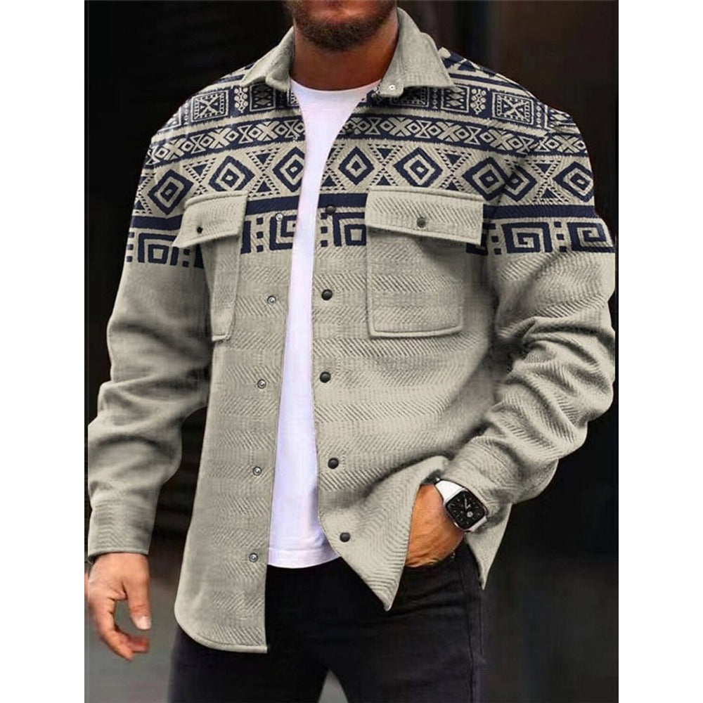 New Men's Ethnic Print Long-Sleeve Button-Up Shirt Jacket