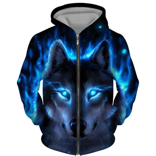 3D Wolf Series Printed Zip-Up Hoodie Unisex Couple's Jacket Casual Fashion Outerwear