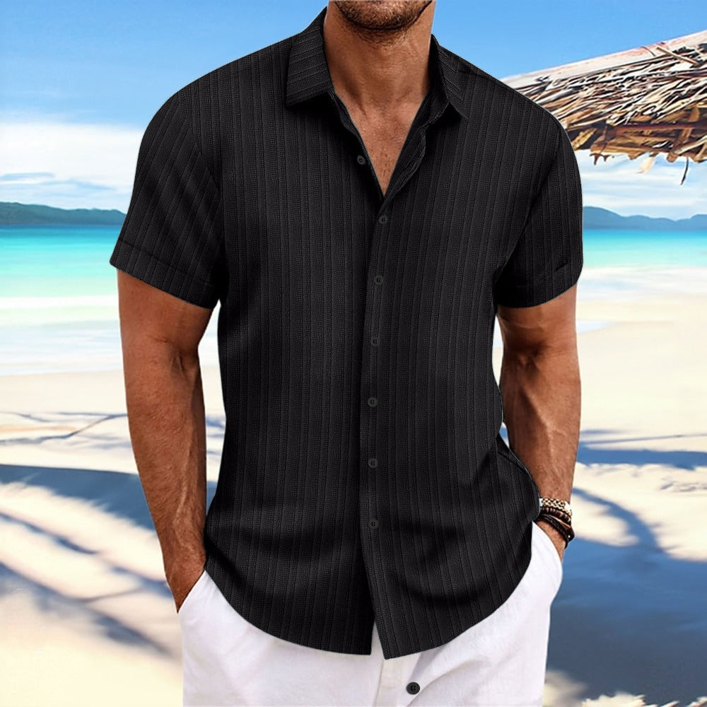 Solid Color Jacquard Wave Stripe Short Sleeve Shirt Men's Daily Casual Open Front