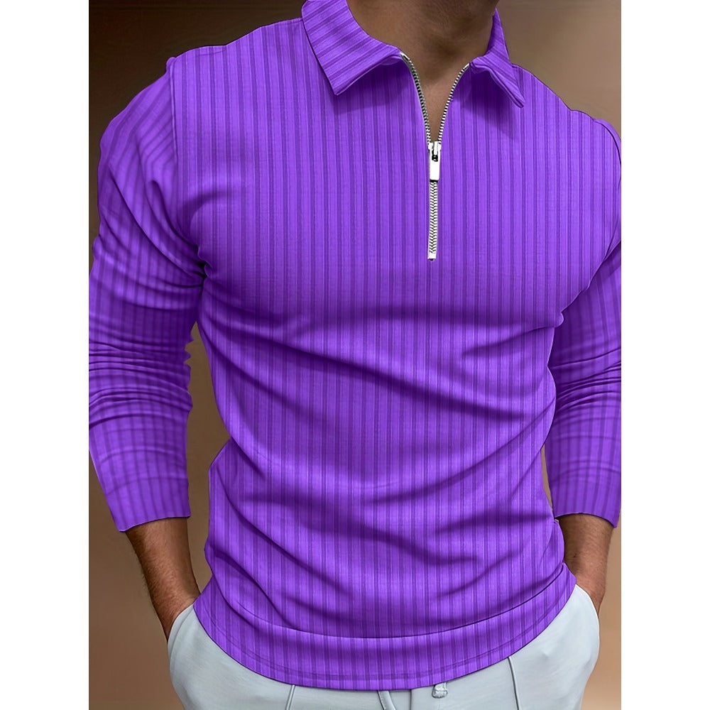 Autumn New 3D Print Stripe Men's Casual Long Sleeve Zipper Polo Shirt
