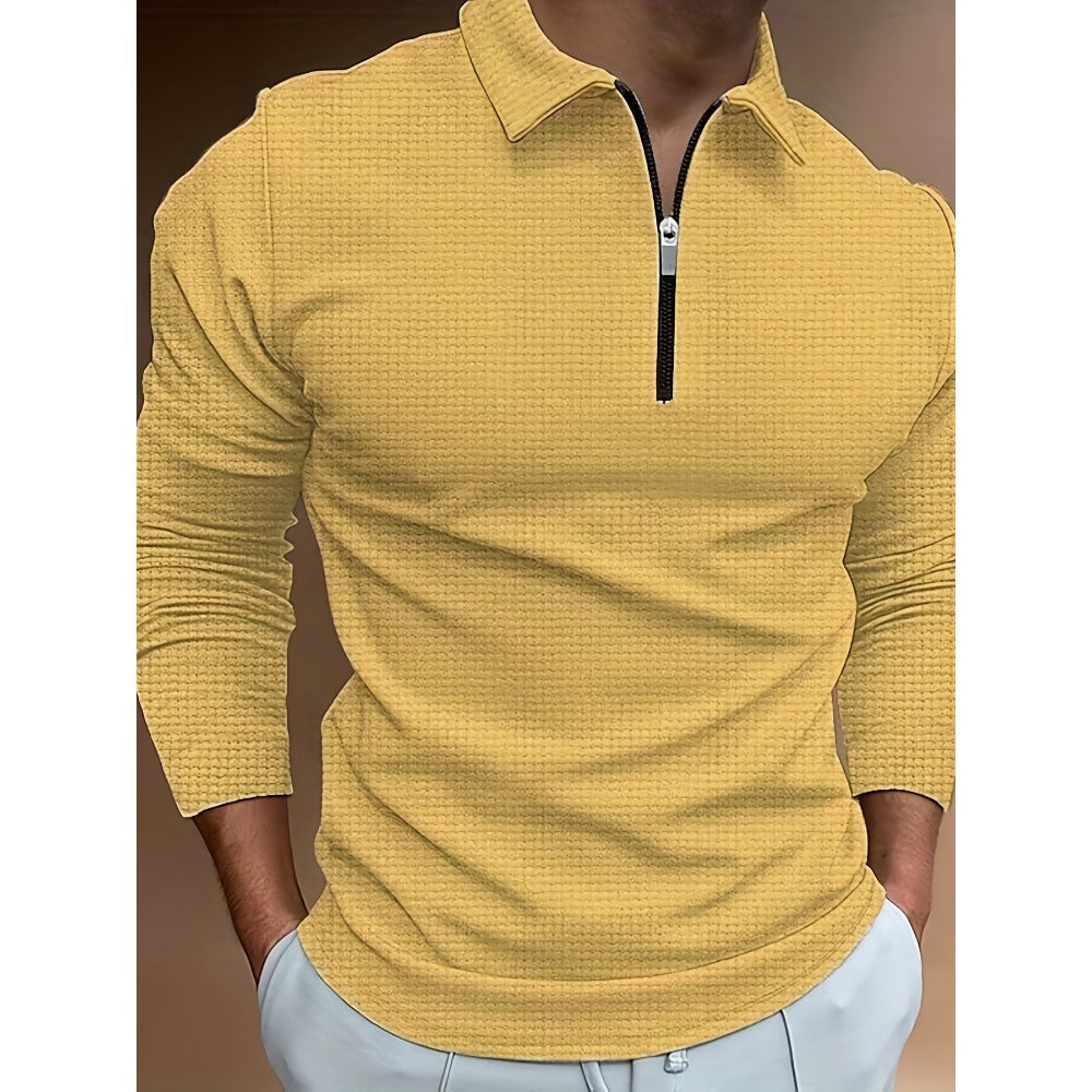 Autumn New 3D Print Plaid Men's Casual Long Sleeve Zipper Polo Shirt