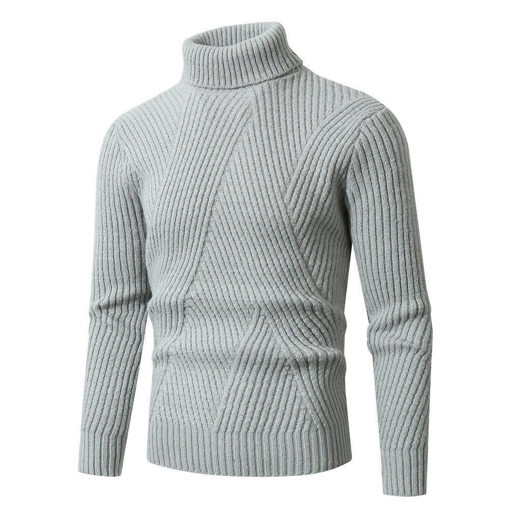 Men’s High-Neck Sweater – Slanted Pattern Youth Solid Color Slim Fit Warm Knitwear
