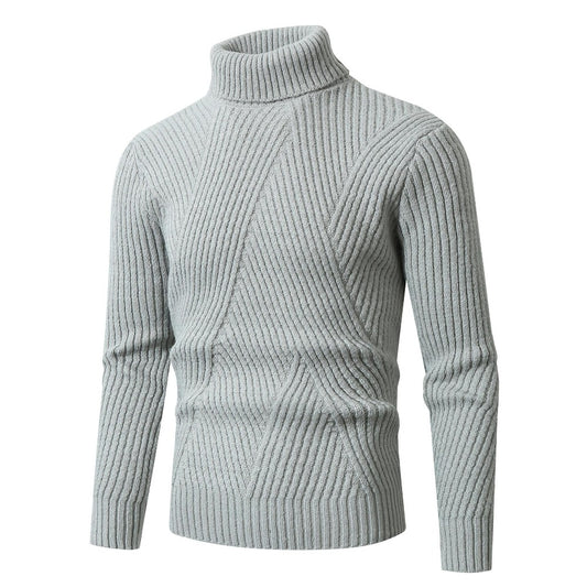 Men’s High-Neck Sweater – Slanted Pattern Youth Solid Color Slim Fit Warm Knitwear