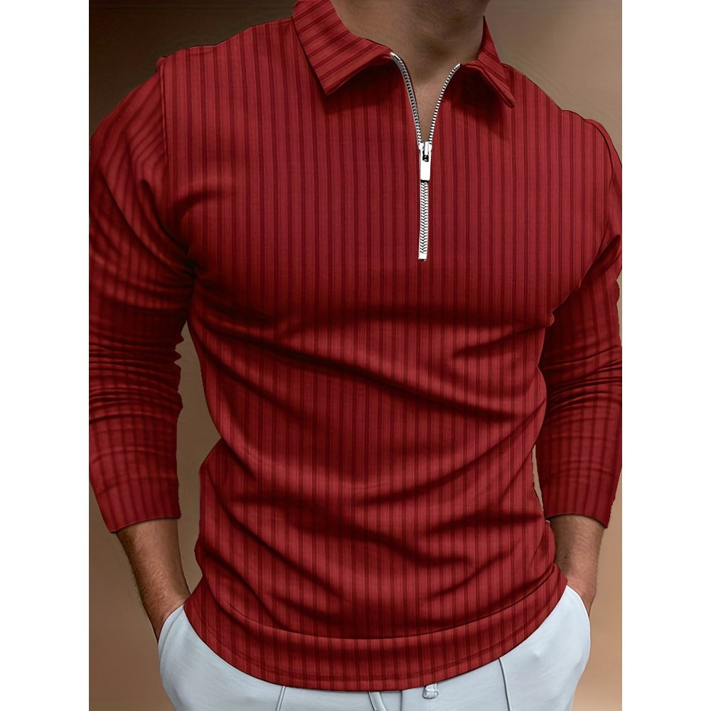 Autumn New 3D Print Stripe Men's Casual Long Sleeve Zipper Polo Shirt