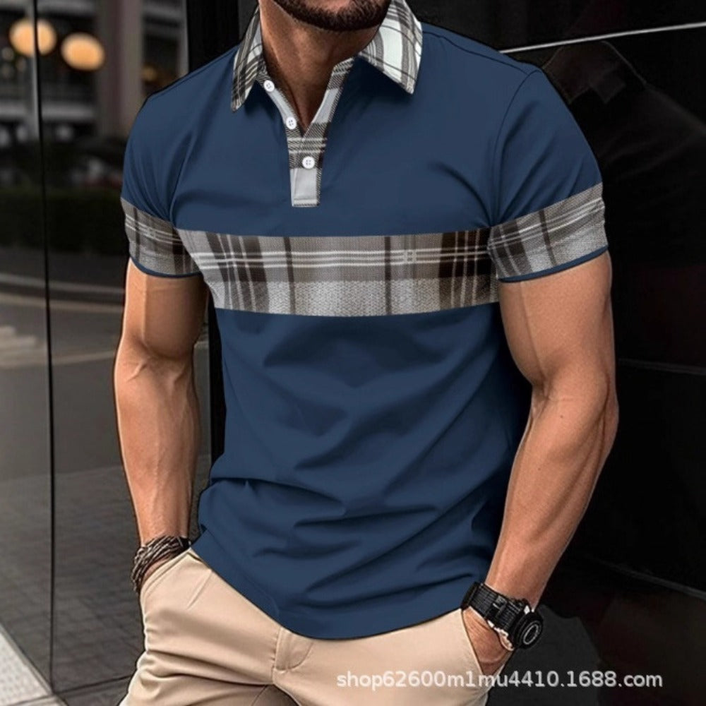 New Cross-Border Summer New Men's Short Sleeve Polo Shirt High-End Print Color-Block Turn-Down Collar Polo Shirt
