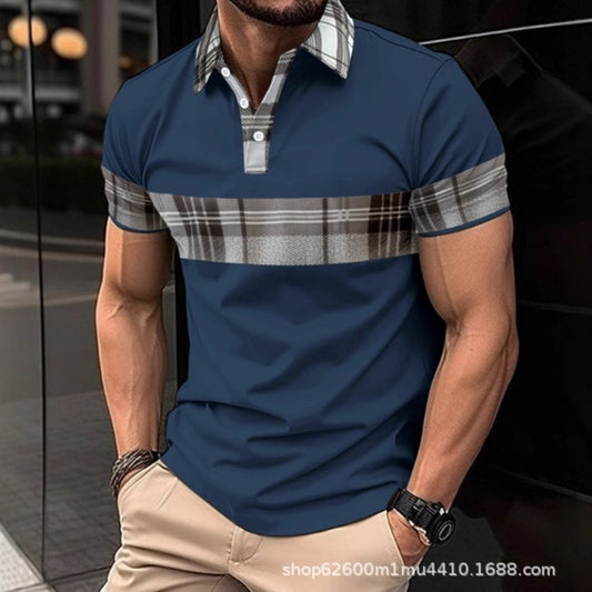New Cross-Border Summer New Men's Short Sleeve Polo Shirt High-End Print Color-Block Turn-Down Collar Polo Shirt