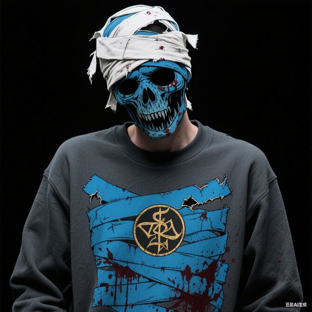 Men's Halloween Round Neck Sweatshirt – Scary Print, Trendy Fall/Winter Streetwear