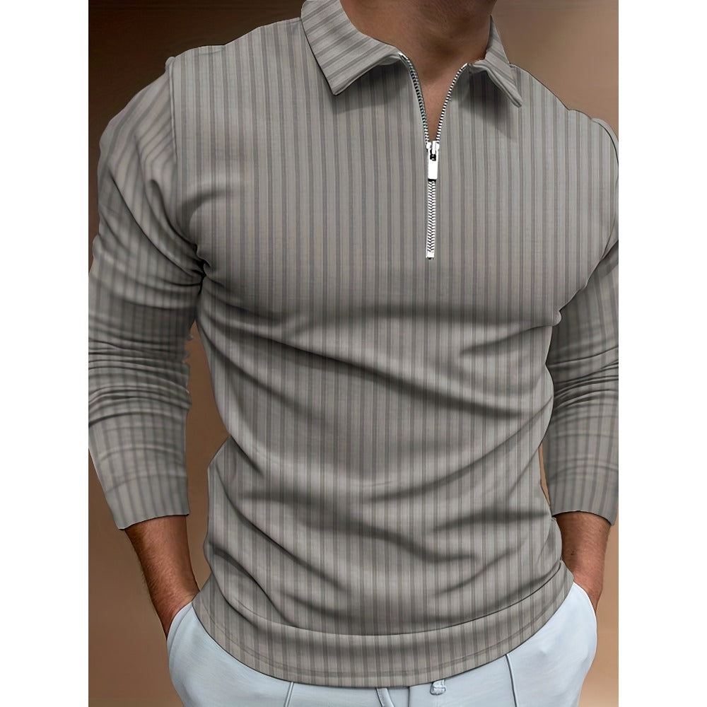 Autumn New 3D Print Stripe Men's Casual Long Sleeve Zipper Polo Shirt