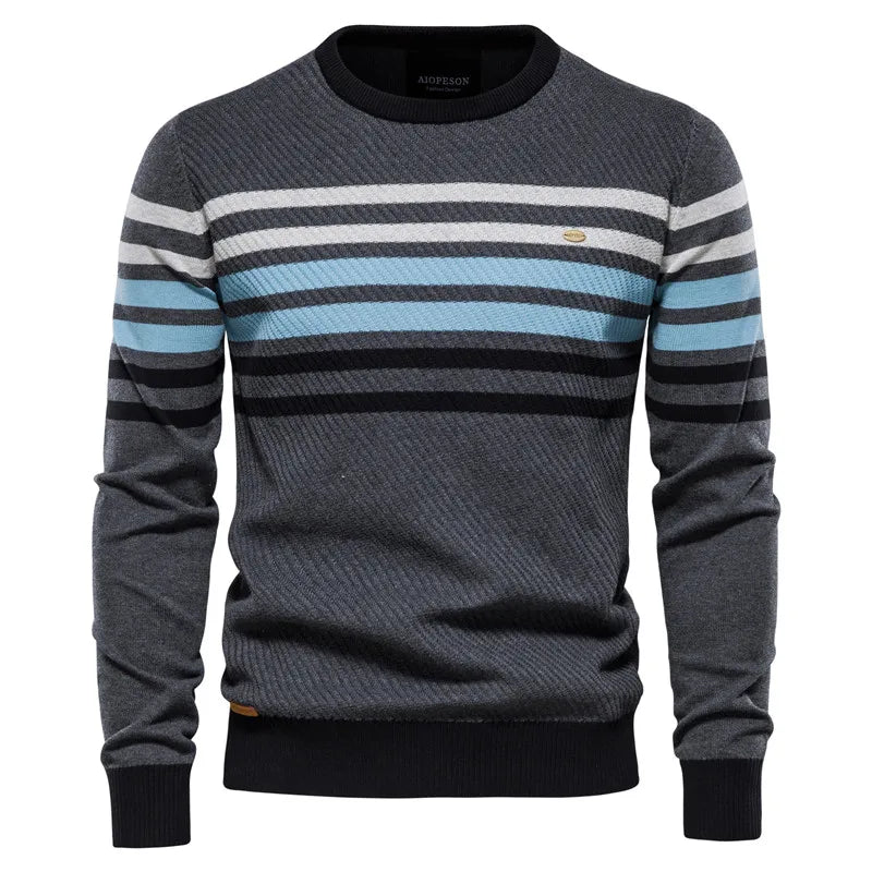 New Men's Striped Patch Long-Sleeve Knit Sweater, Fashion Round Neck Casual Pullover