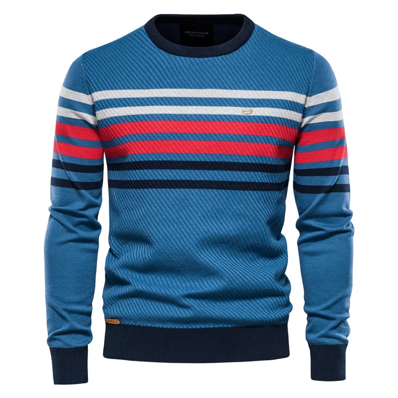 New Men's Striped Patch Long-Sleeve Knit Sweater, Fashion Round Neck Casual Pullover