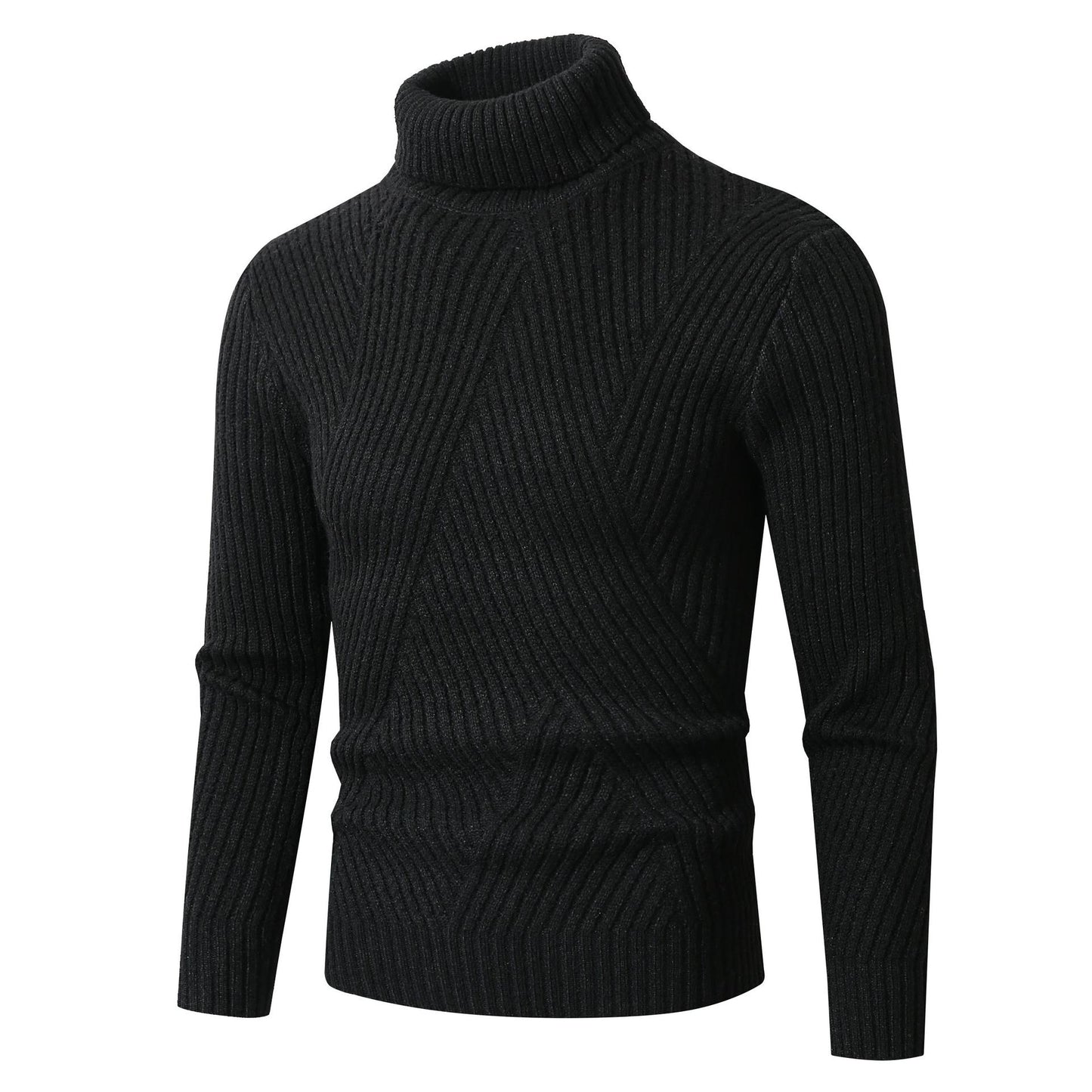 Men’s High-Neck Sweater – Slanted Pattern Youth Solid Color Slim Fit Warm Knitwear