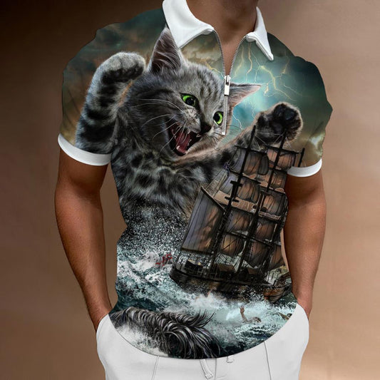 European Size 3D Digital Print Casual Tiger Niche Personality Zipper Polo