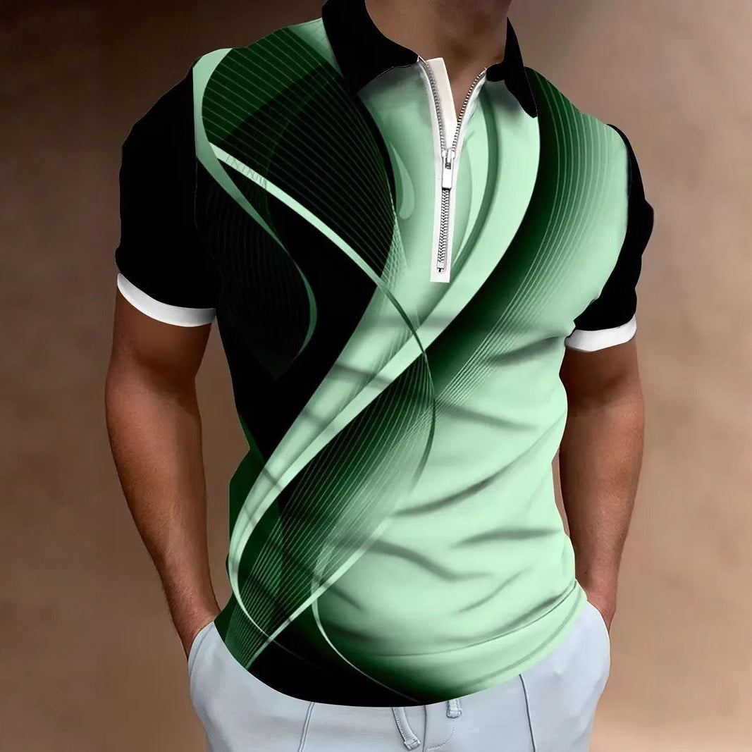 Summer New Men's 3D Digital Print Sport Casual Geometric Pattern Short Sleeve Zipper Polo Shirt
