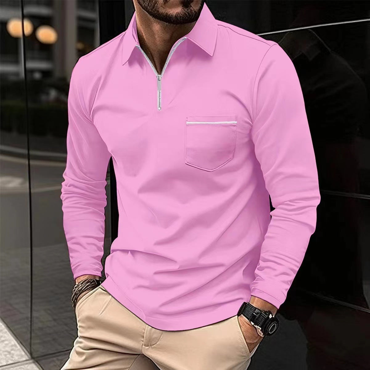 Spring Autumn Long Sleeve Polo Shirt Zipper Pocket Men's Sport Long Sleeve Top