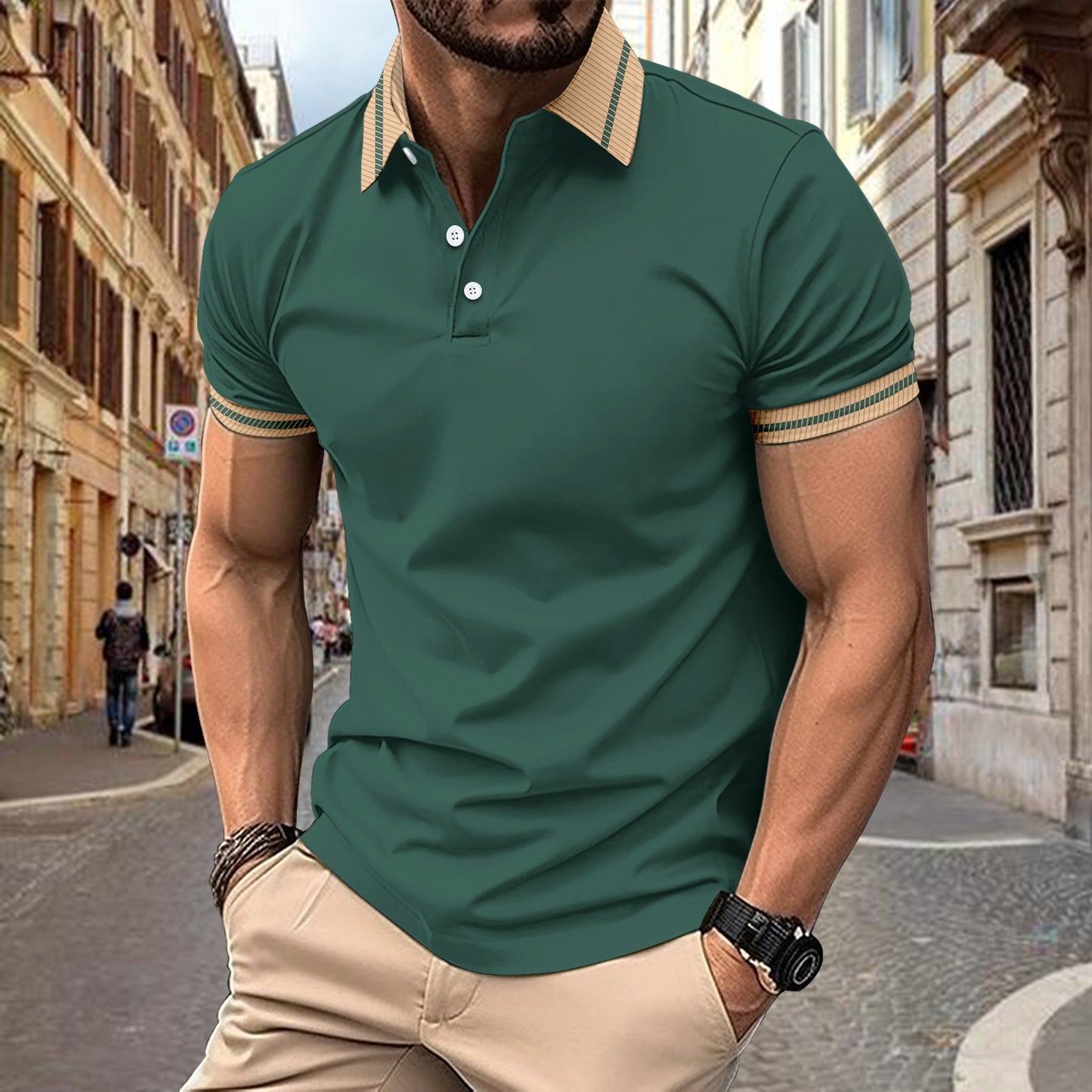 Ins Summer Polo Shirt Color-Block Button Men's Sport Polo Shirt