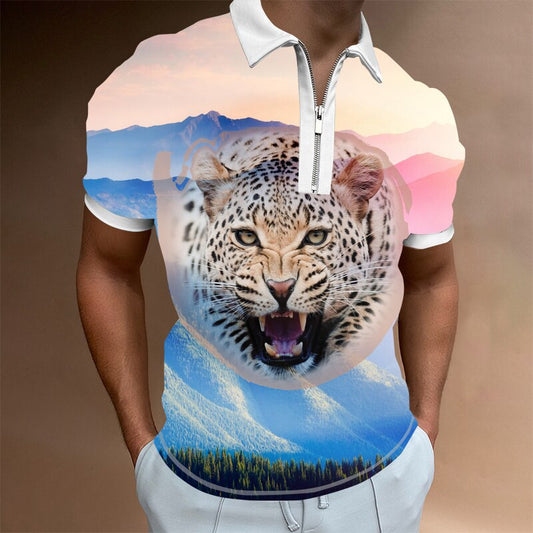 European Size 3D Digital Print Casual Tiger Niche Personality Zipper Polo