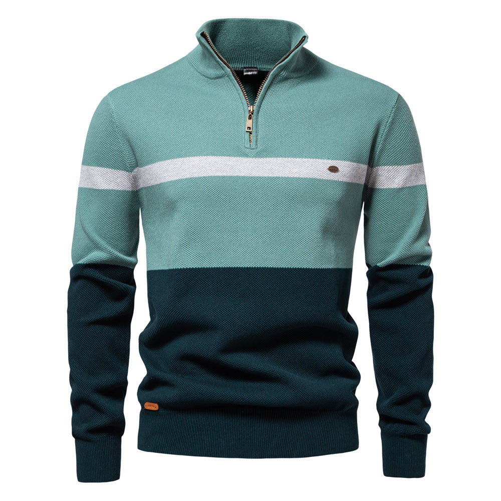 New Stand Collar Men's Sweater Half-Zip Color-Blocked Knit Top Premium Men's Wear