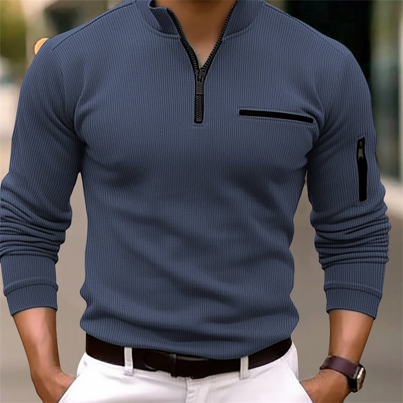 Autumn Polo Shirt Arm Zipper Men's Stripe Long Sleeve Sport Top