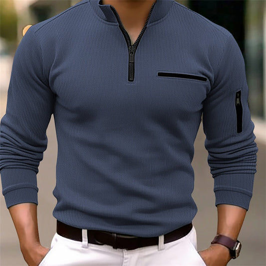 Autumn Polo Shirt Arm Zipper Men's Stripe Long Sleeve Sport Top