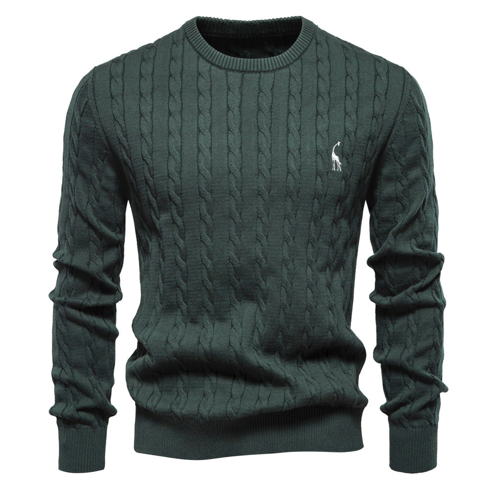 2025 Fall & Winter Men’s Pullover Sweater - High-Quality Solid Color Knit with Deer Embroidery