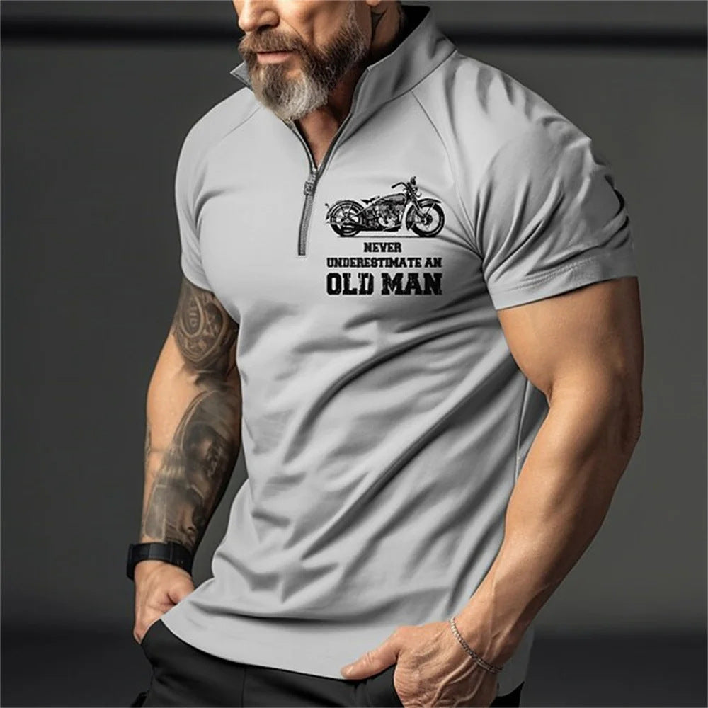 Retro Short Sleeve Men's Polo Shirt Motorcycle 3D Print Turn-Down Collar Zipper Men's Top High Quality Casual Wear