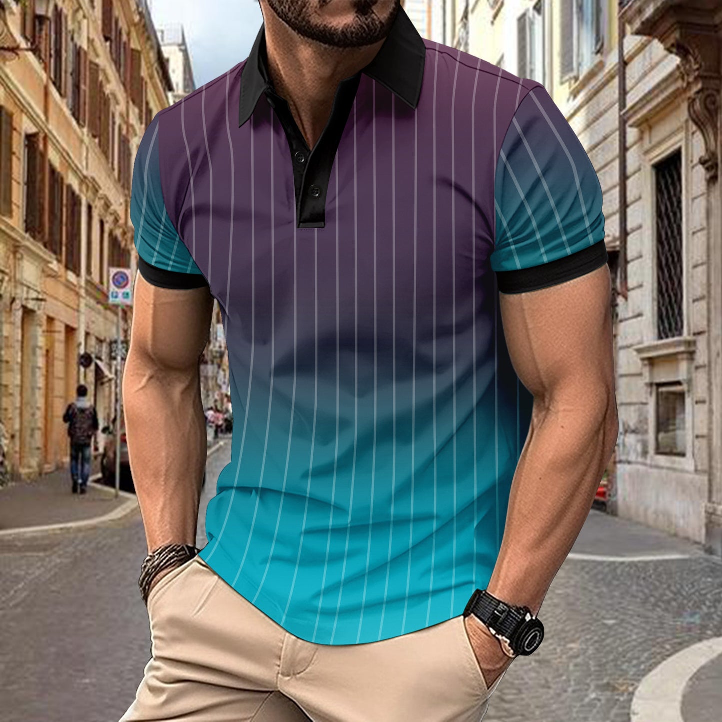 Button Top Casual Minimalist 3D Print Polo Short Sleeve Breathable Men's Wear