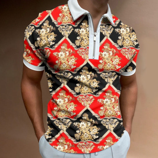 Independent Site 3D Digital Pattern Men's Wear Turn-Down Collar Short Sleeve Zipper Men's Casual Style Polo Shirt