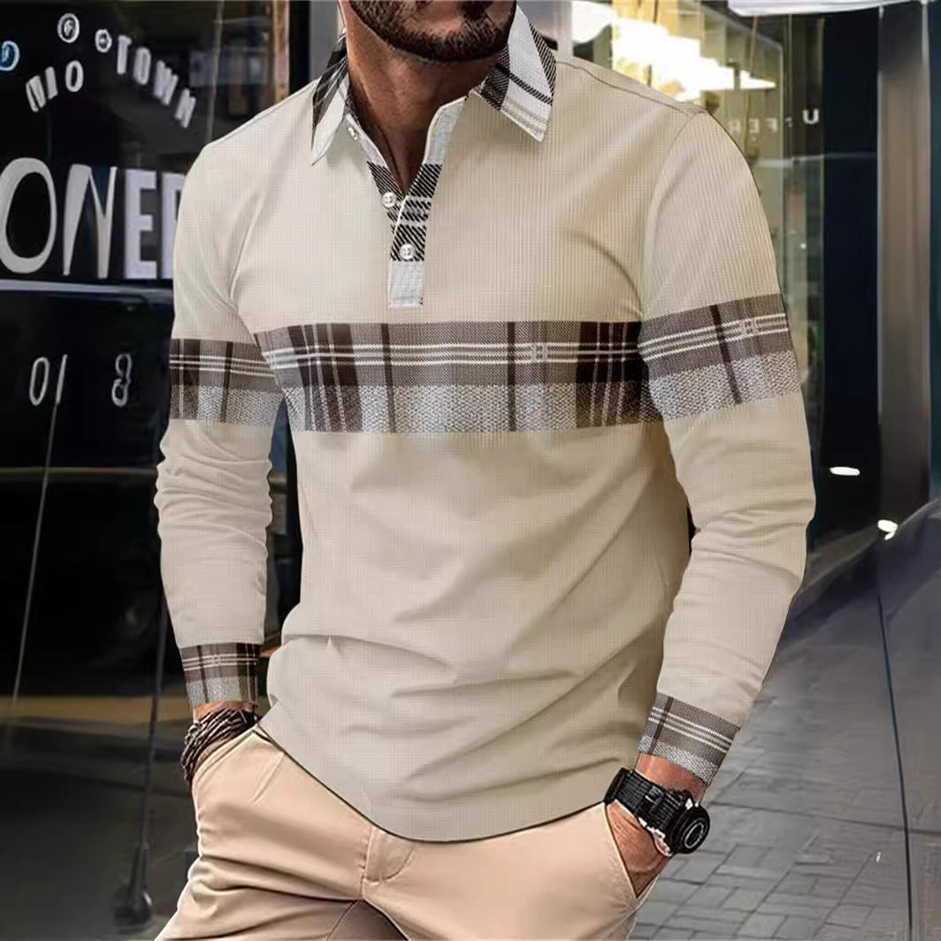 New Men's Casual Polo Shirt Long Sleeve Stripe Button Waffle Knit Print Long Sleeve