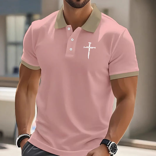 Men's Wear Polo Shirt Summer Button Casual Polyester Print Solid Color Polo Shirt Short Sleeve Men