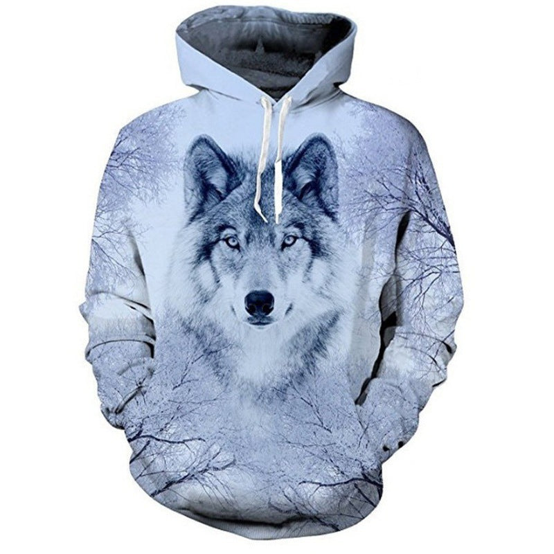 New Men's Autumn Long-Sleeve Hoodie Streetwear Round Neck 3D Wolf Print