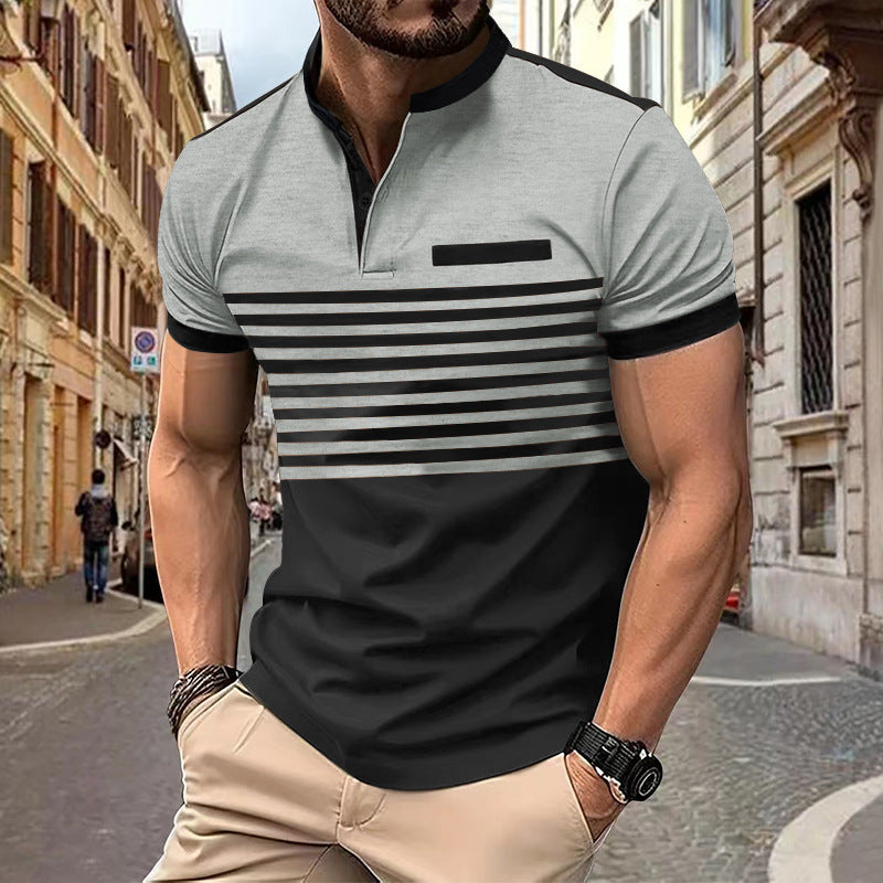 Ins Summer Polo Shirt Men's Print Stripe Polo Shirt Short Sleeve T-Shirt